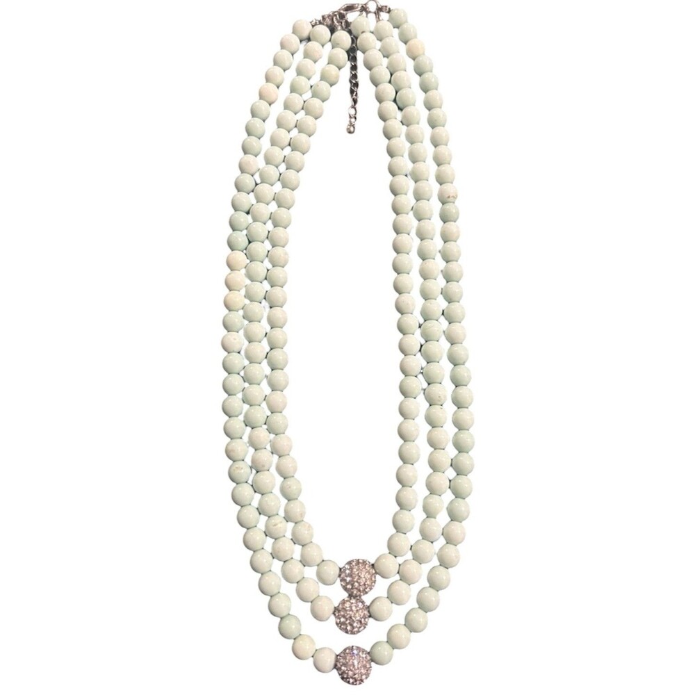 3 Strand Pastel Tiffany Green Beaded Necklace Sparkling Pavé rhinestone Accents